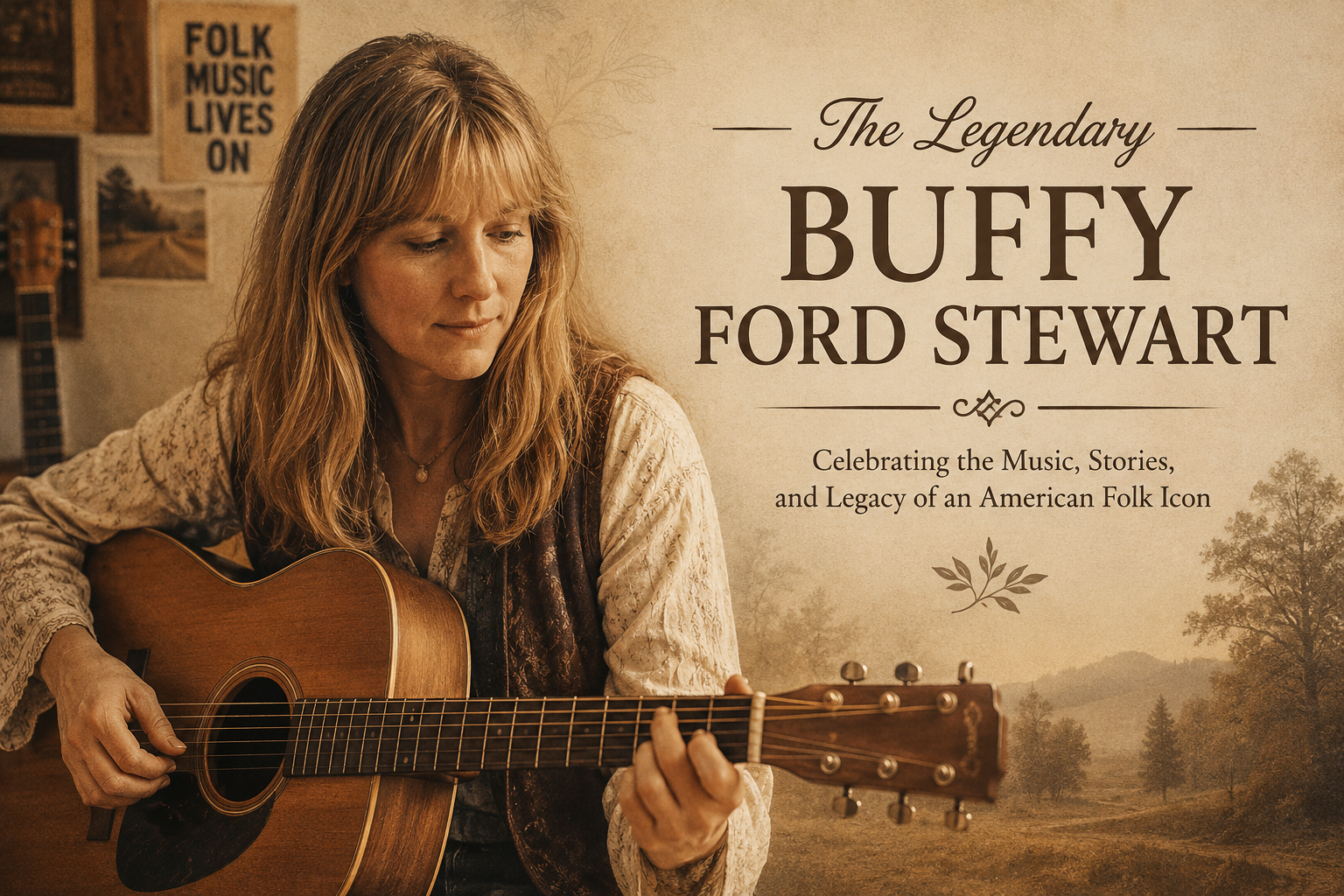 Buffy Ford Stewart folk music legacy with acoustic guitar and warm vintage atmosphere