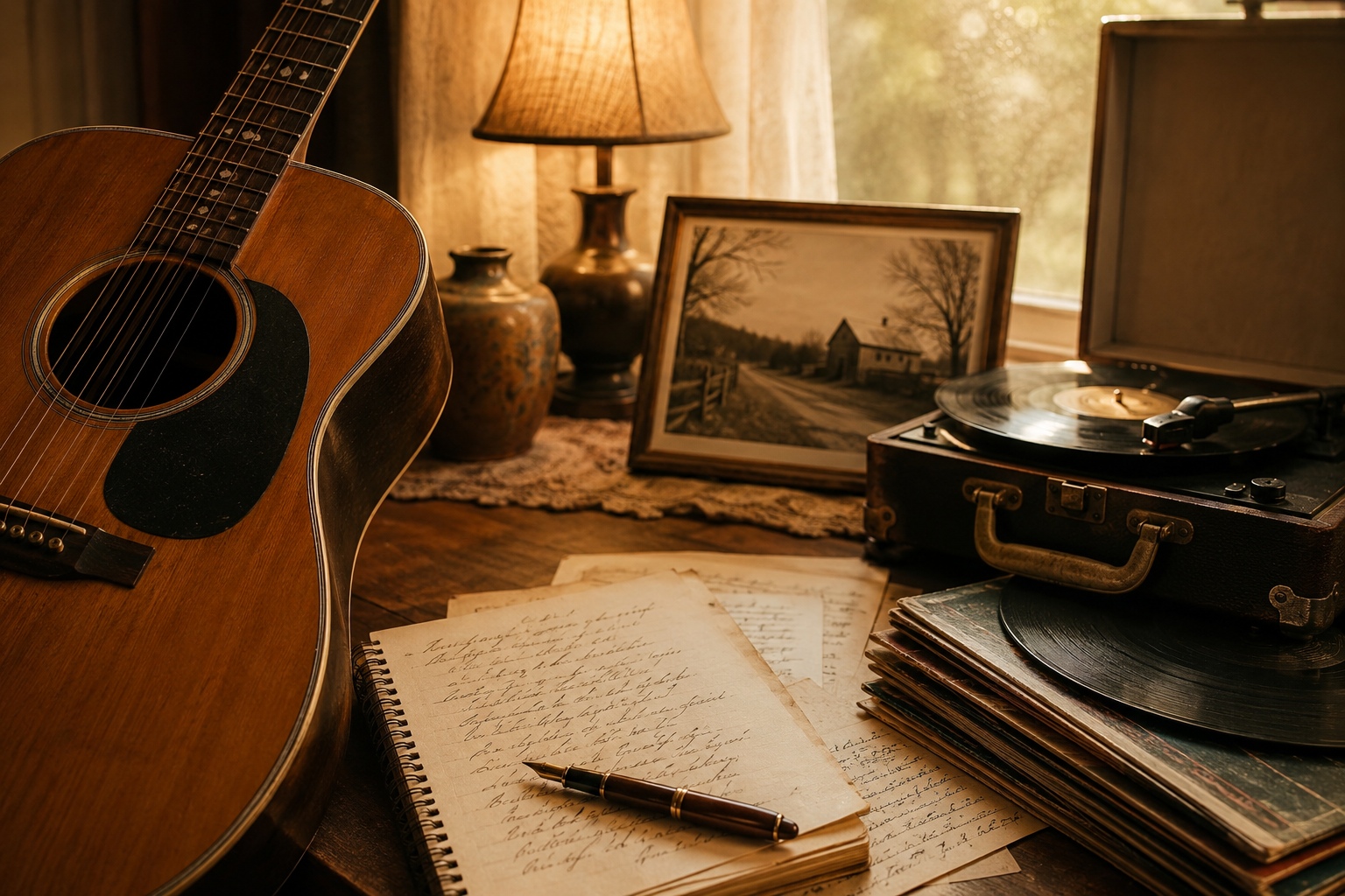 Buffy Ford Stewart folk memory scene with old records, acoustic guitar, handwritten lyrics, and warm nostalgic light