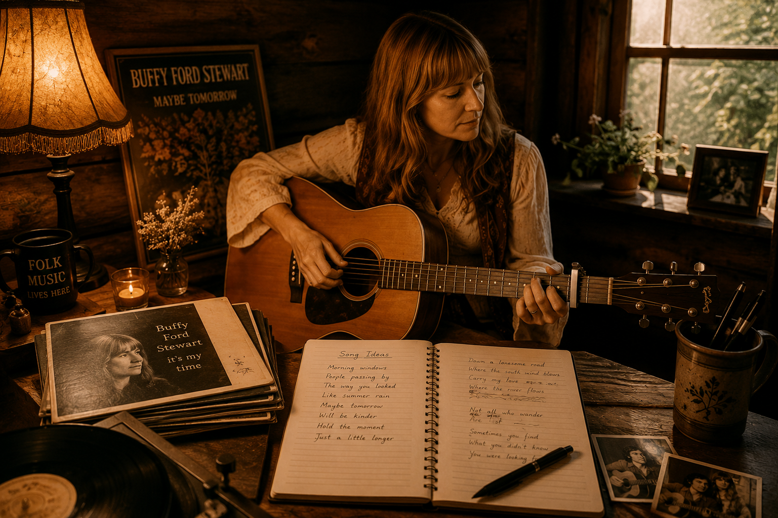 Buffy Ford Stewart acoustic storytelling scene with guitar, vintage notebook, records, and warm folk music atmosphere