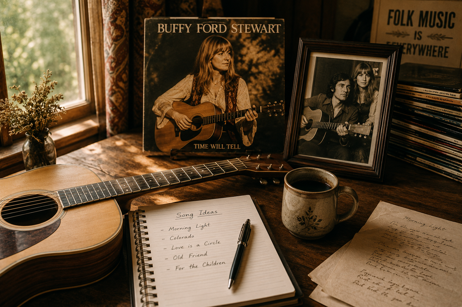 Buffy Ford Stewart folk songwriting scene with acoustic guitar, notebook, vinyl records, and warm vintage music atmosphere