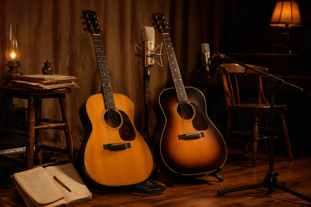 Buffy Ford Stewart folk partnership scene with two acoustic guitars, vintage microphones, handwritten lyrics, and warm studio lighting